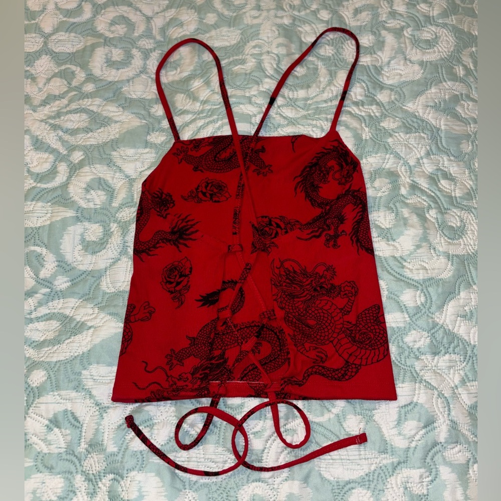 Dragon print cami top with cross tie open back
